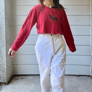 Reworked Hatley Moose Long Sleeve Crop Top In Red.-CA3